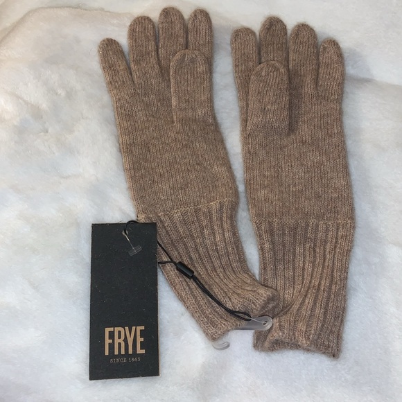 🦃 FRYE Brown Leather Patch Knit Gloves Cognac Color NWT S / M - Picture 10 of 11